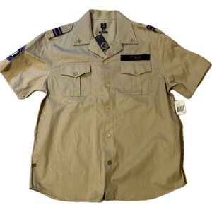 CAVI XL Military Style Short Sleeve Button Shirt Khaki Tan Gold Trim Uniform NWT